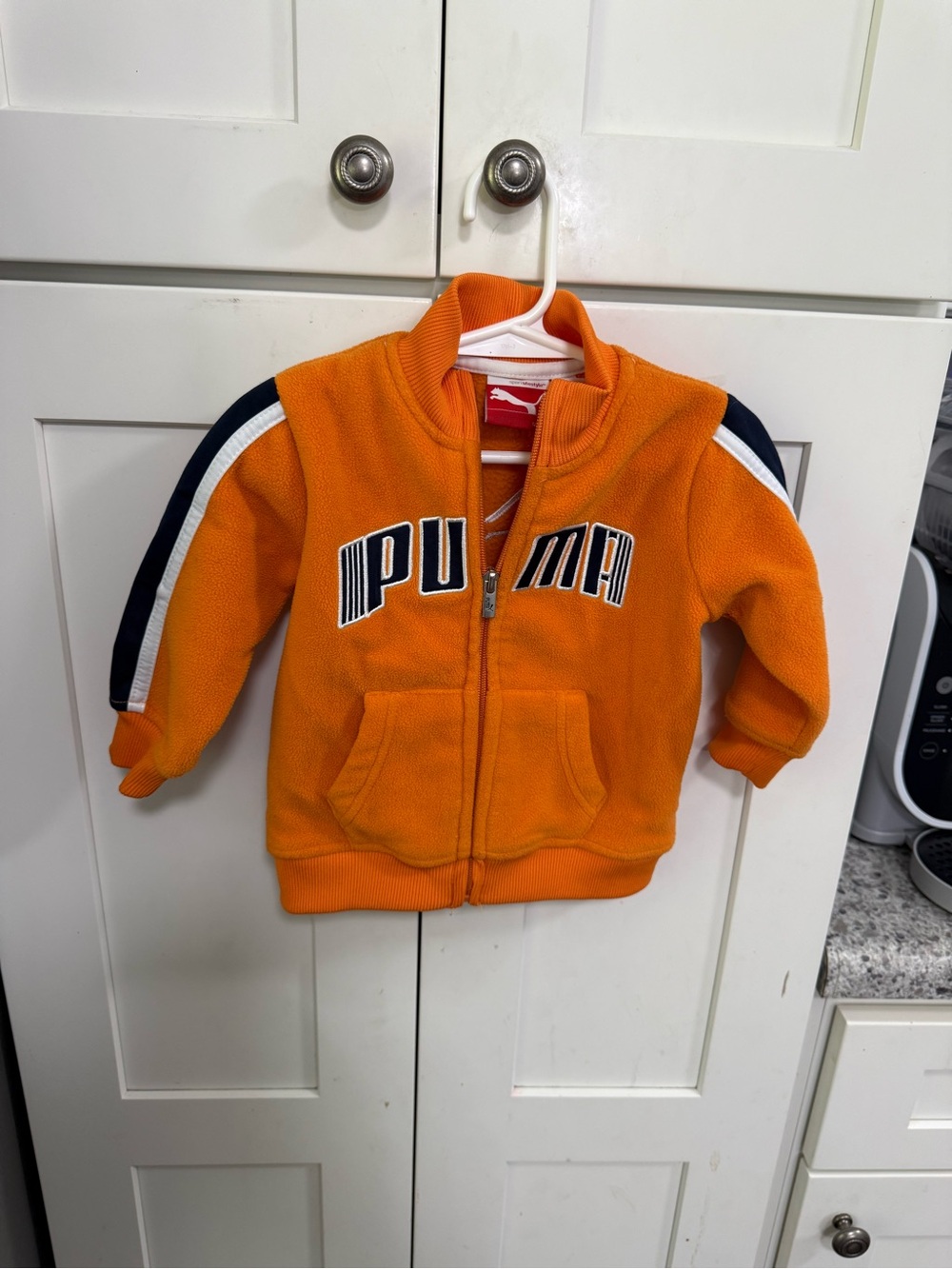Puma Orange Kids Zip-Up Fleece Jacket with Navy & White Stripes